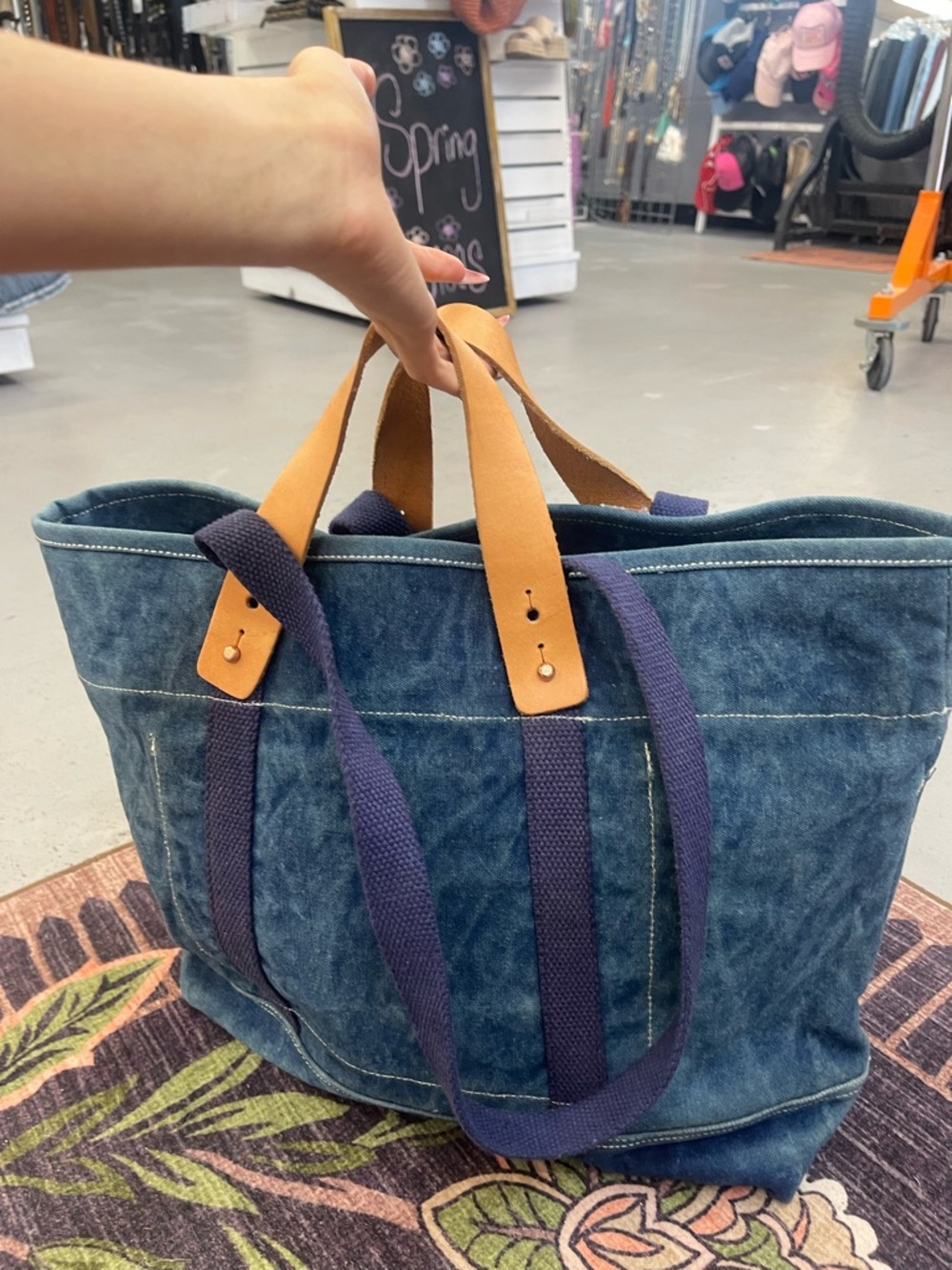 Blue Canvas Multi-Pocket Tote with Leather Top Handles - Picture 5 of 8